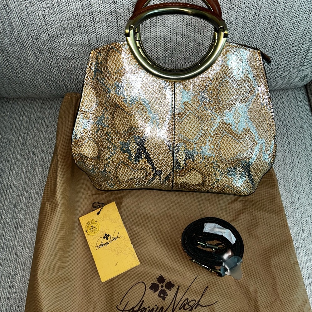 Patricia Nash Metallic Snakeskin-Effect Satchel in Gold and Brown